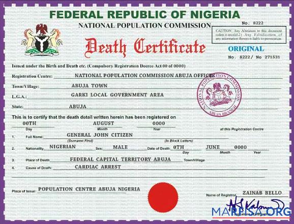 Blank Nigeria vital record death certificate PSD template, version 2